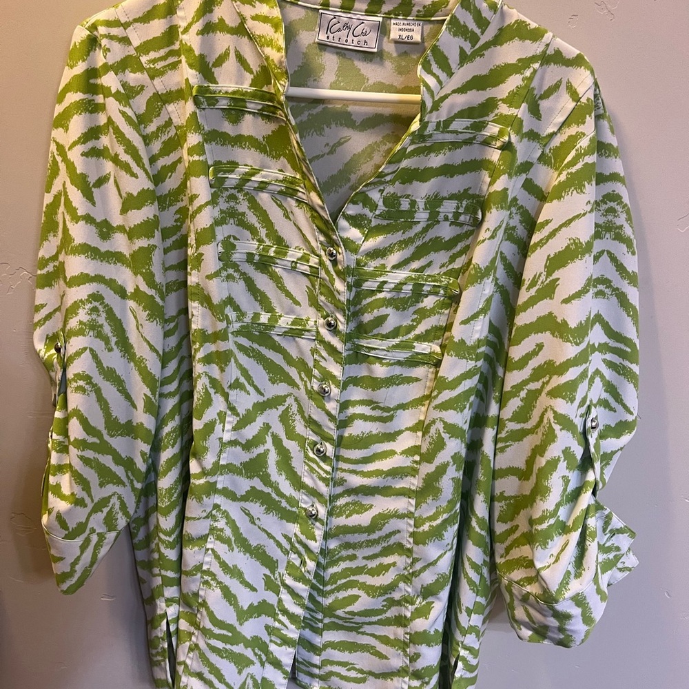 Cathy Che Green and White Zebra Print Blouse Size XL